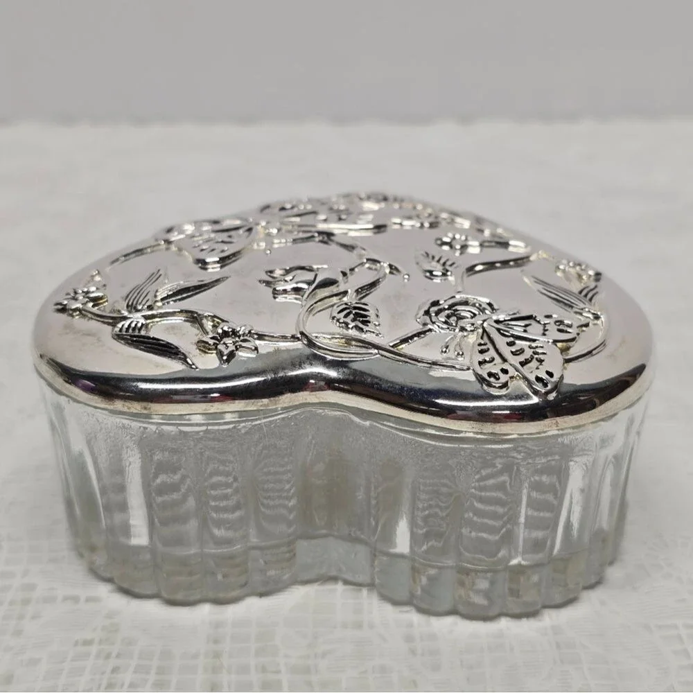 Vintage Silver Plated Butterfly Floral Lid Heart Shaped Glass Trinket Box